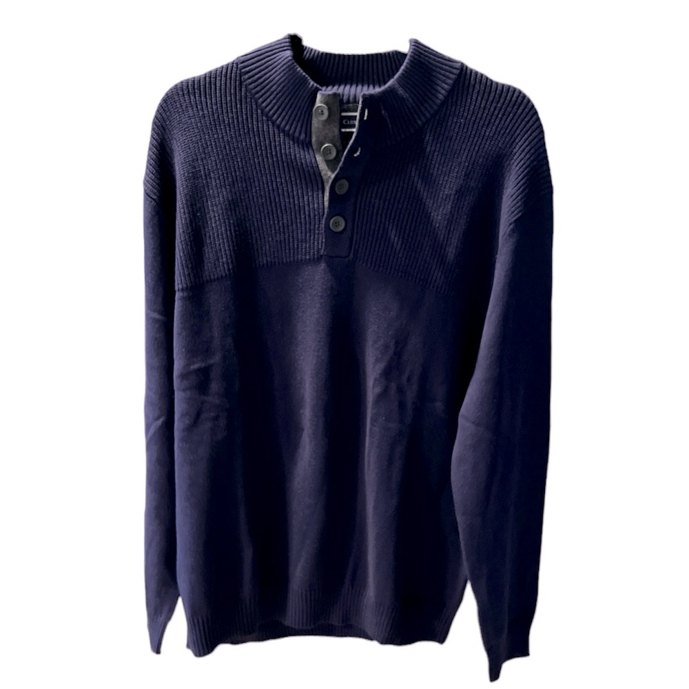 Club Room Men’s Sweater Mock Neck 100% cotton blue 3 front button closure XL